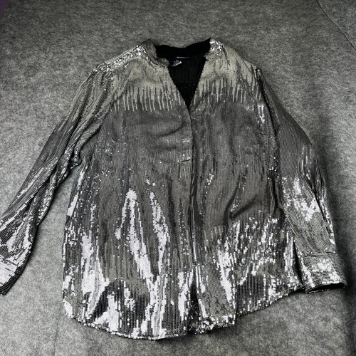 Denim 24/7 Top Womens Plus 18W Silver Sequined Long Sleeve Party Flowy Button Up