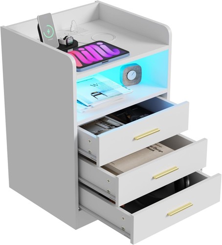 Bedside Table 3 Drawers Wooden, LED Nightstand with Charging Station and USB Po - Picture 8 of 8