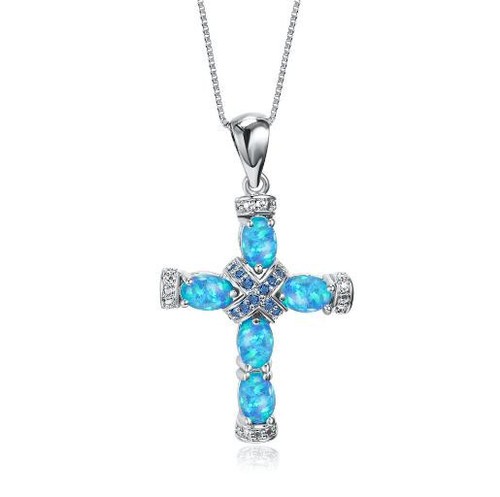 Xmas Gift Unique Cross White Fire Opal Blue Topaz Gem Silver Necklace Pendants - Picture 6 of 15
