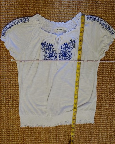 Cato Womens Baby Doll Top Blouse Large White Blue Floral Embroidery V Notch Lacy - Picture 5 of 9
