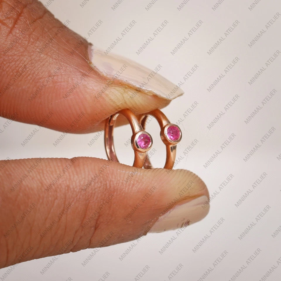 Pink Sapphire Huggies Hoops Earring Solid 14k Yellow Gold Earring, Wedding Hoop - Image 3 of 4
