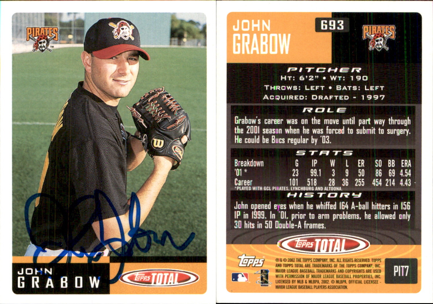 John Grabow Signed 2002 Topps Total #693 Card Pittsburgh Pirates Auto AU