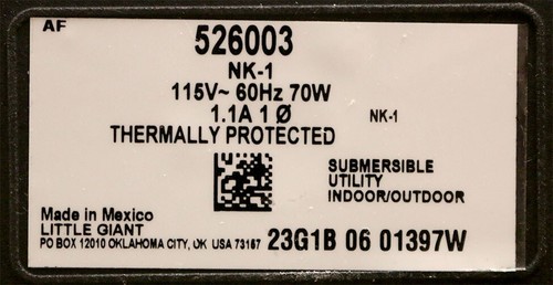 Little Giant 526003 Submersible Centrifugal Pump NK-1 2P016 - Picture 5 of 5