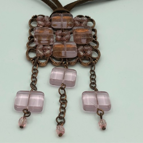 AVON Pendant Necklace Rose Gold Tone & Pink Dangle on Cord Festival Boho Hippy - Picture 12 of 17