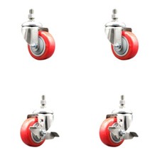 3 Inch 316SS Red Polyurethane Swivel 10mm Threaded Stem Caster Set 2 Brake