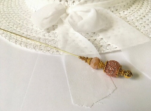 HATPIN with a PINK / PEACH Crystals set on 8" Gold Brass Finish Setting - Picture 7 of 12