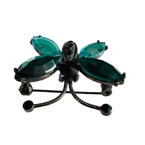 Gunmetal w/ Green & Black Rhinestones Butterfly Pin Brooch Estate Jewelry - Picture 5 of 14
