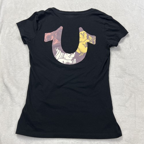 True Religion Women's Size Small Black Multi Buddha Slim V-Neck Tee - Picture 6 of 8