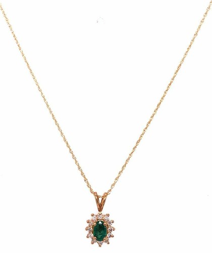 14 Karat Yellow Gold Necklace with Oval Emerald and Diamonds Pendant 101-635 - Bild 5 von 6