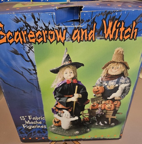 Witch & Scarecrow Fabric Mache/Resin HALLOWEEN Large 13” Figurines Spooky Cute - Picture 3 of 23
