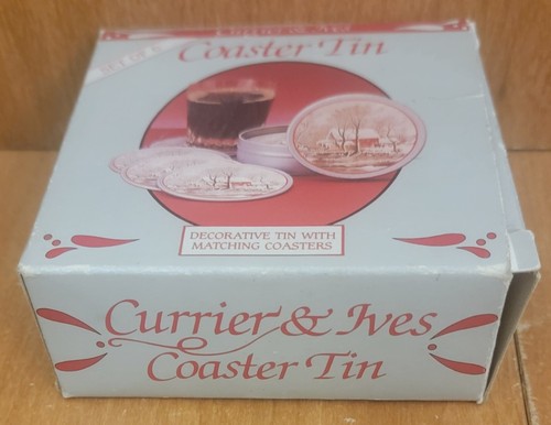Currier and Ives Tin Mailbox Candy Container & Tin Coasters Boxed Set, Very good - Picture 19 of 19