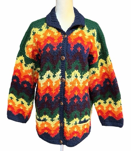 Cárdigan Suéter Vintage Artesanies Imbacocha Lana Arco Iris Talla L Ecuador *LEER - Imagen 1 de 9
