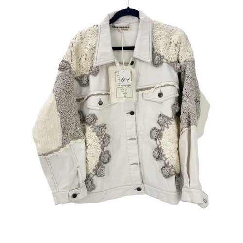 Free People Bali Rare Hearts Dainty Doily Crochet Denim Jacket Ivory Size S NWT - Bild 14 von 14