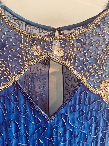 Impresionante Vestido de Colección Lawrence Kazar con Cuentas de Seda Oro Azul Talla XL - Imagen 5 de 10