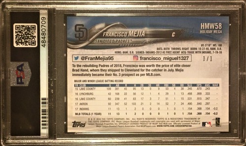 2018 Topps Holiday Gold Snowflake #58 Francisco Mejia RC PSA 9 (1/1) One of One - Picture 2 of 2