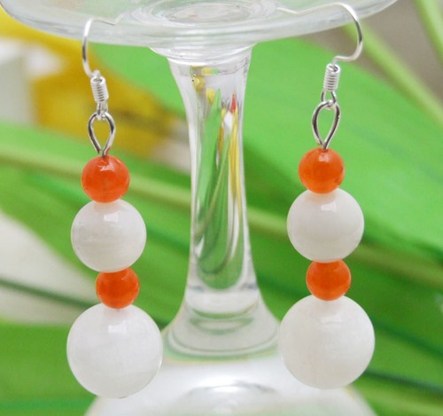 10-14mm White Round Natural Moonstone Earring for Women & Red Jade Silver S925 - Picture 2 of 12