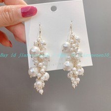 6-12mm White South Sea Shell Pearl Round Beads Cluster Dangle Hook Earrings