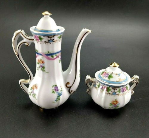 Limoges Porzellan Miniatur Kaffee Tee Set Blumen Puppenstube blau rosa LESEN! - Bild 10 von 12
