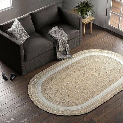 Natural Jute Rug Reversible Beautiful Braid Oval Vintage Hand Natural Jute Rug Reversible Beautiful