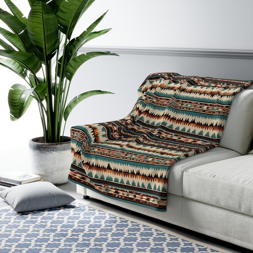 Native American Inspired Pattern, Cozy Sherpa Fleece Blanket, Tribal Couch Throw - Picture 8 of 9
