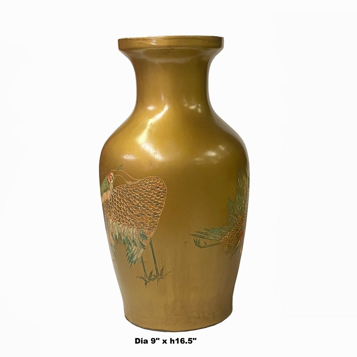 Vintage Handmade Chinese Matte Gold Paint Cranes Motif Vase ws1847S Vintage Handmade Chinese Matte Gold Paint Cranes Motif Vase ws1847S