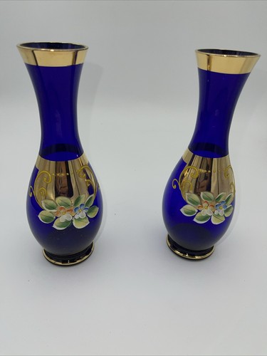 2-D3 Cobalt Blue Gold Gilt HAND PAINT GLASS VASE Enamel BOHEMIAN FLORAL  JAPAN - Picture 1 of 4