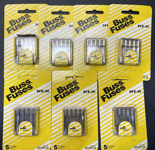 35- Bussmann Buss Fuses BP/SFE30 Fast Act Glass Tube Fuse, 7 Tins Of 5 - Foto 1 di 5