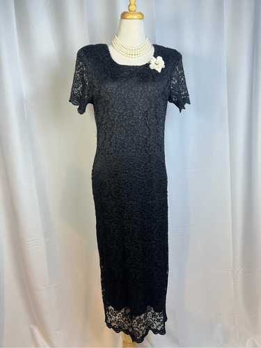 Vintage Helene Blake Lace Midi Dress Womens 14P Black Overlay Lined 80s - Picture 2 of 11