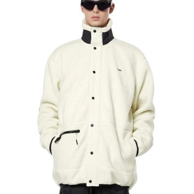 RAINS Heavy Fleece Jacket Adult XL White Long Snap Button Boxy Fit Teddy Ski