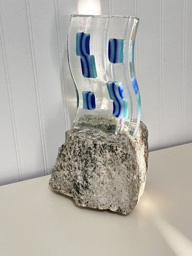Fused Glass Wave Abstract Art Sculpture Blues W/ Dichroic Streaks On Rock Base - Picture 17 of 17