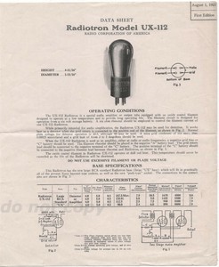 Radiotron-Model-UX-112-1925-Vintage-Radio-Vacuum-Tube-Data-Sheet-RCA-1st-Edition