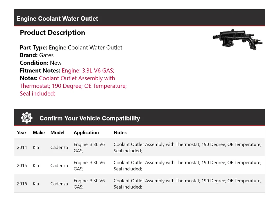 Para Kia Cadenza 2014-2016 3,3 L V6 motor gas refrigerante puertas de salida de agua 2015 Foto 2 de 4