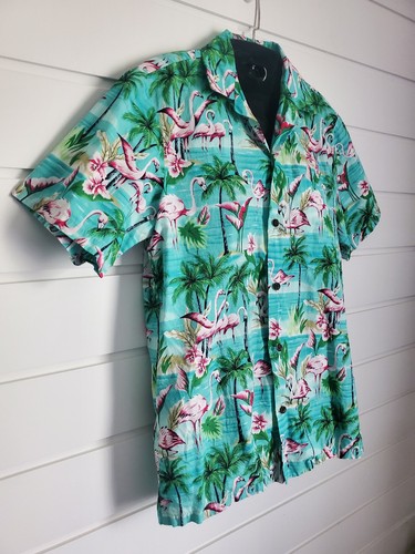 Lustiges hawaiianisches Shirt RJC kleines Flamingo Blumenmuster Knopfleiste Made in USA SCHÖN! - Bild 2 von 8
