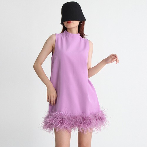 Solid Color A-line Skirt Round Neck Sleeveless Hem Ostrich Fur Decor Loose Dress