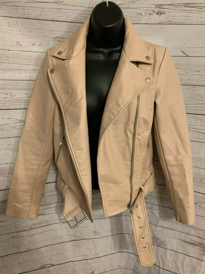 BB Dakota Women’s Motorcycle Faux Leather Jacket Zipper Front Ivory / Pink Sz XS - Image 2 of 4