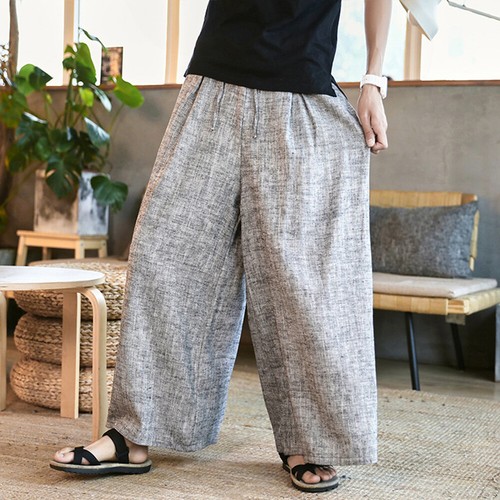 Herren Leinen Baumwolle Kordelzug Hose Ethno Locker Weites Bein Hose Unterteil Freizeit - Bild 4 von 12