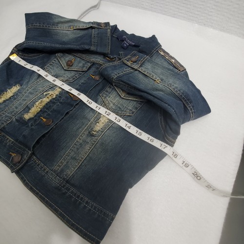 NWT Rocawear Jean Jacket Girls Medium Blue Dark Wash Denim Patches USA Flag Logo - Picture 6 of 10