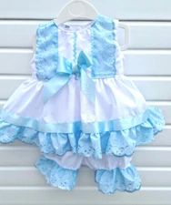 DREAM 0-8 YEARS baby girls Spanish blue embroidered  frilled top and bloomers