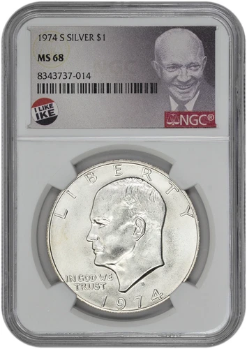 1974 S $1 Silver Ike Dollar NGC MS 68 with Exclusive Label and New Holder