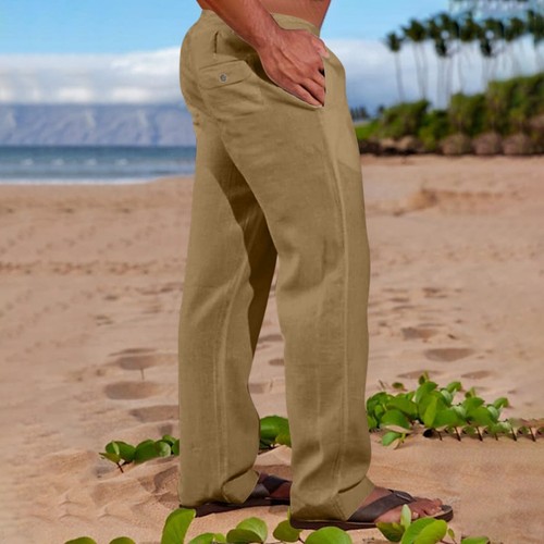 Men's Cotton Casual Lightweight Hemp Drawstring Solid Color Beach Trousers Pants - Bild 37 von 41