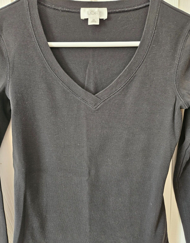 Camisa Top Ann Taylor LOFT Mujer Talla XS Negra 100% Algodón Manga Larga Cuello en V - Imagen 2 de 7