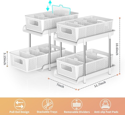Bathroom Organizer with Dividers, 2Pcs 2 Tier Stackable Under Standard, White - Picture 2 of 7