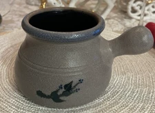 Rowe Pottery Works Soup Crock Bowl With Handle Salt Glaze Blue Berries Vines  X