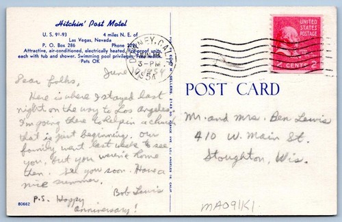 Postal 1954 Hitchin' Post Motel Out Where The Rest Starts Las Vegas Nevada - Imagen 2 de 2
