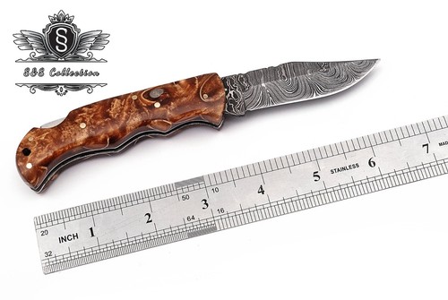 Custom Handmade Damascus Steel Pocket Folding Knife With Premium Leather Cover, - Bild 4 von 5