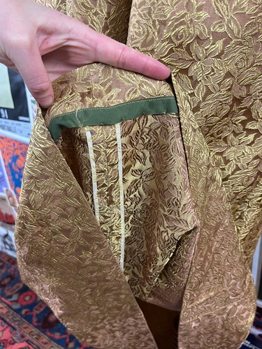 Maxi Vestido De Colección Años 60 Rubor Dorado Brocado Jacquard Metálico Manga Obispo Anfitriona - Imagen 8 de 14