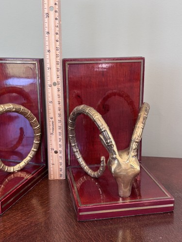 Ibex Bookends Brass Antelope Ram Gazelle Head On Mahogany Wood Vintage Set Of 2 - Picture 9 of 14