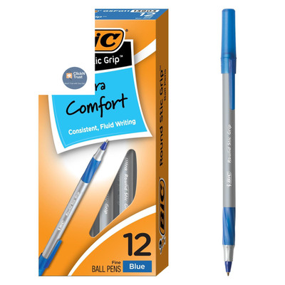 BIC Round Stic Grip Xtra Comfort Fine Blue 12 Count (Pack of 1),