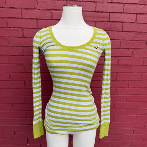 Hollister Damen Größe S Gestreiftes Langarm Henley Top Grün Grau SoCal Stretch