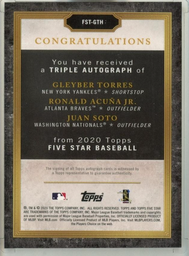 2020 Topps Five Star Gleyber Torres Ronald Acuna Jr. Juan Soto Triple Auto /5 - Picture 2 of 2